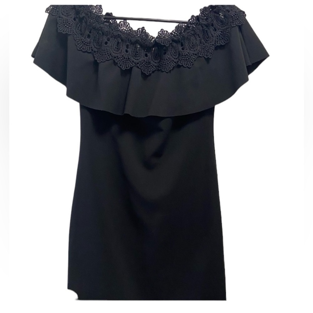 Bcx dress sz 5 black mini w fine details and lace around shoulders